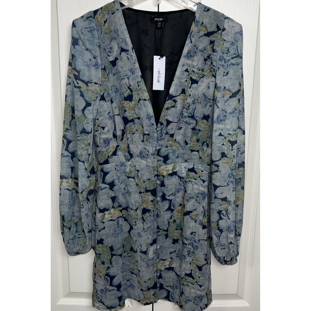 Nasty Gal floral Chiffon Button Mini Dress Womens Size US 4 Long Sleeve Blue G11